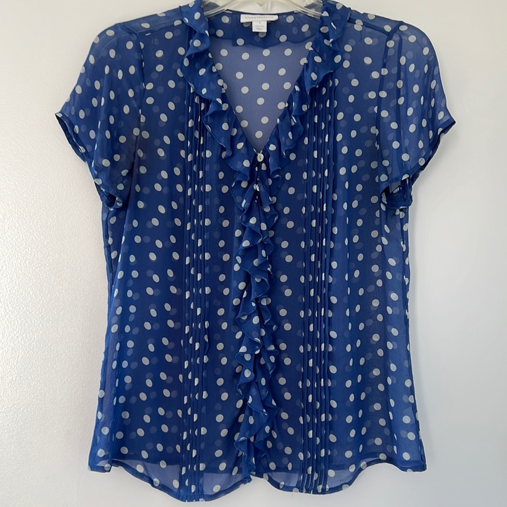 100% silk Charter Club blouse with pleated and ruffled front.  Light & breezy